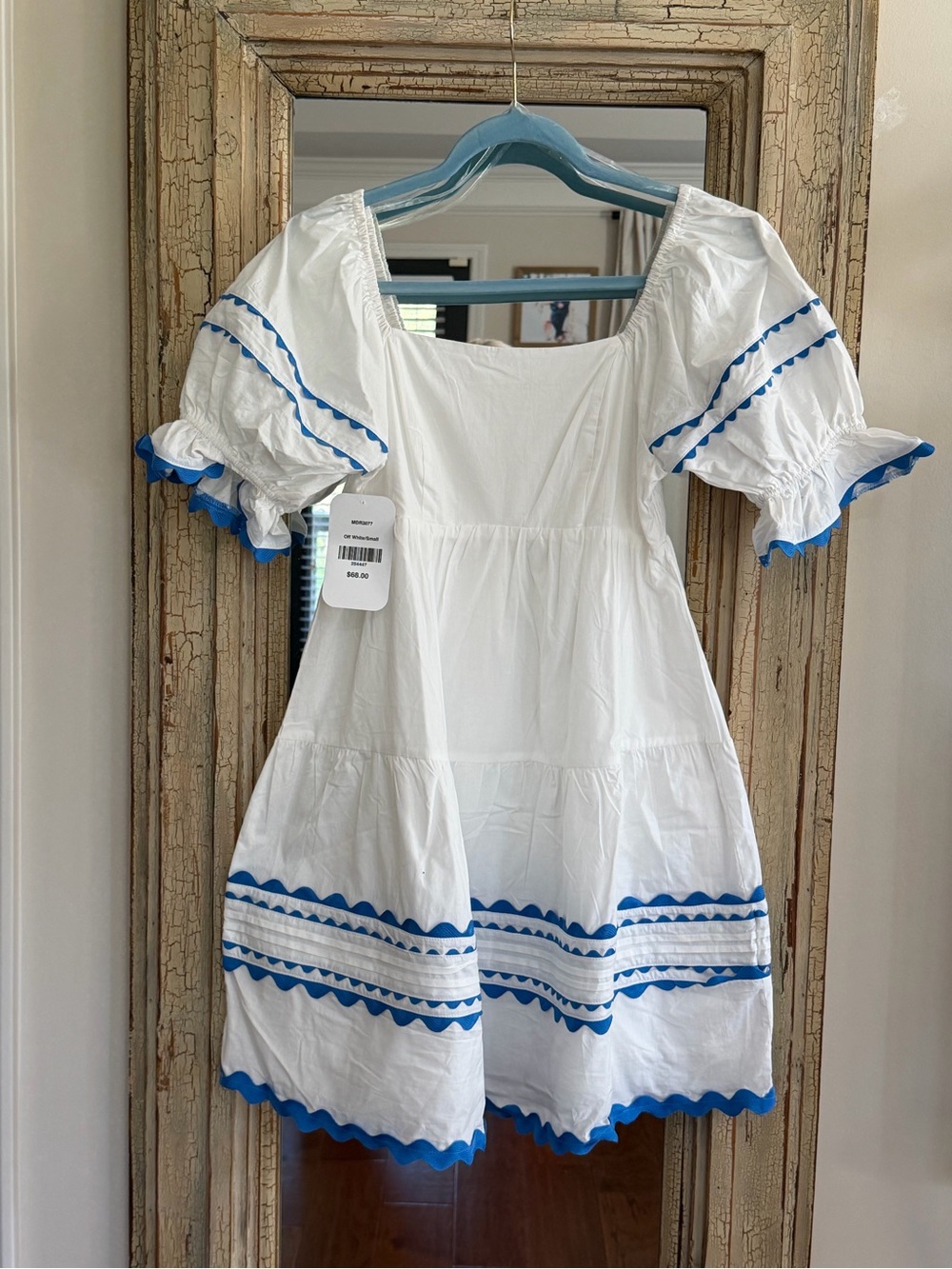 White Mini Dress with Blue Trim and Puff Sleeves